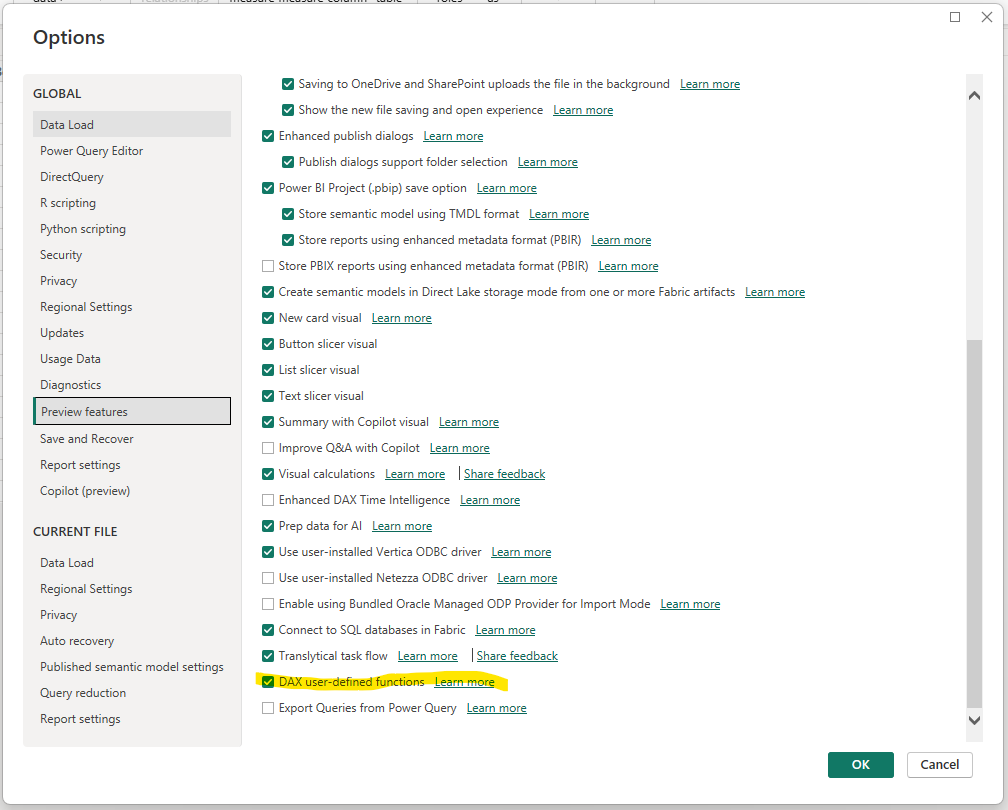 Power BI Preview Features Dialog Showing the Location of the User Defined Functions setting