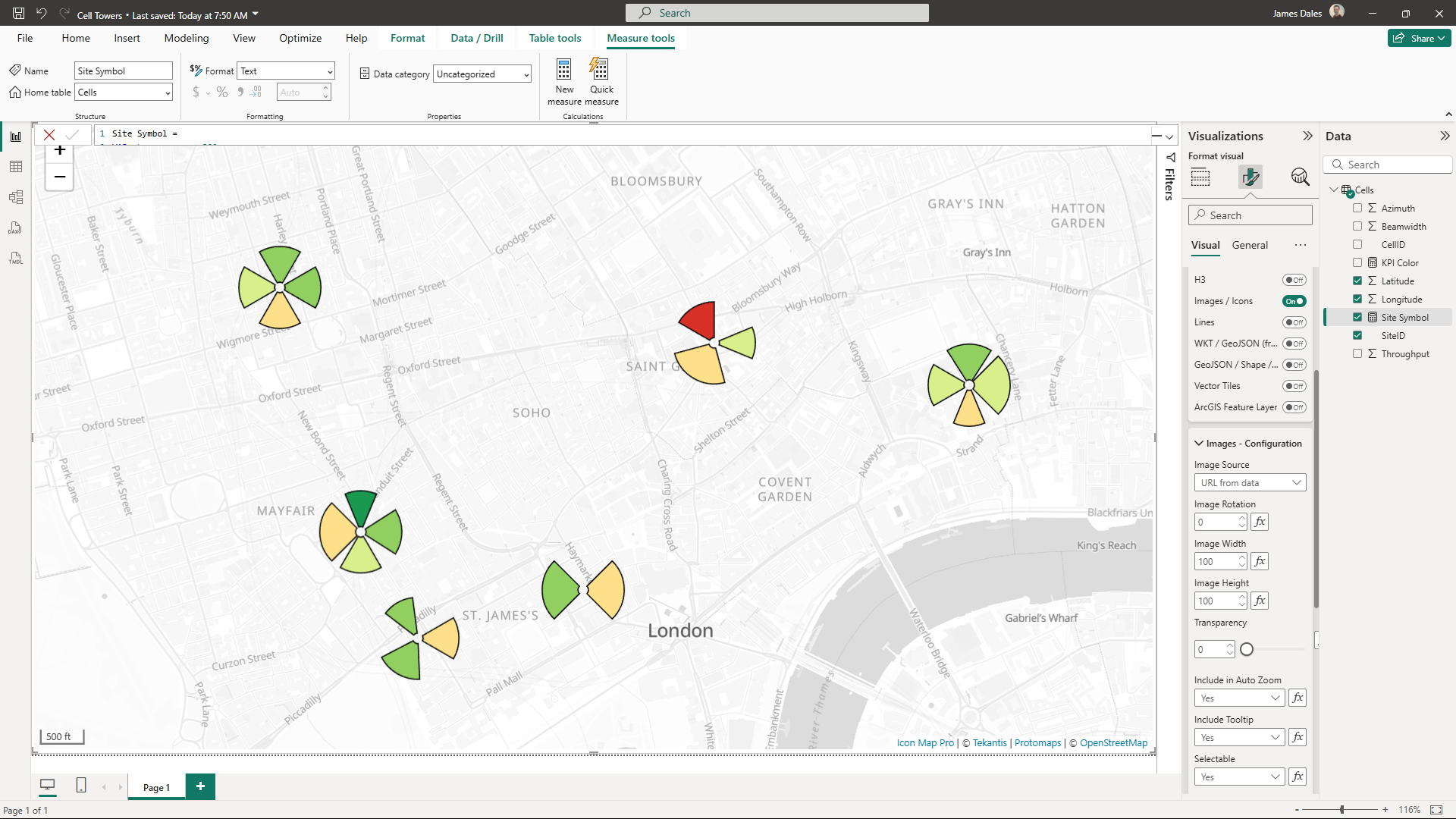 Icon Map Pro showing cell tower KPIs as wedges